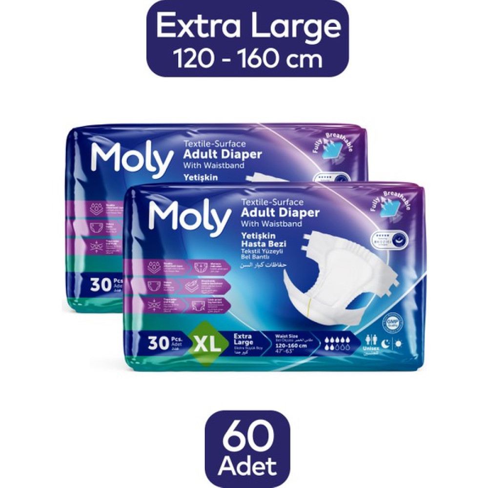 Moly Tekstil Yüzeyli Xlarge Ekstra Büyük Boy Belbantlı Hasta Bezi 30 Lu 2 Paket / 60 Adet Hasta Bezleri ve Temizliği Fiyatı