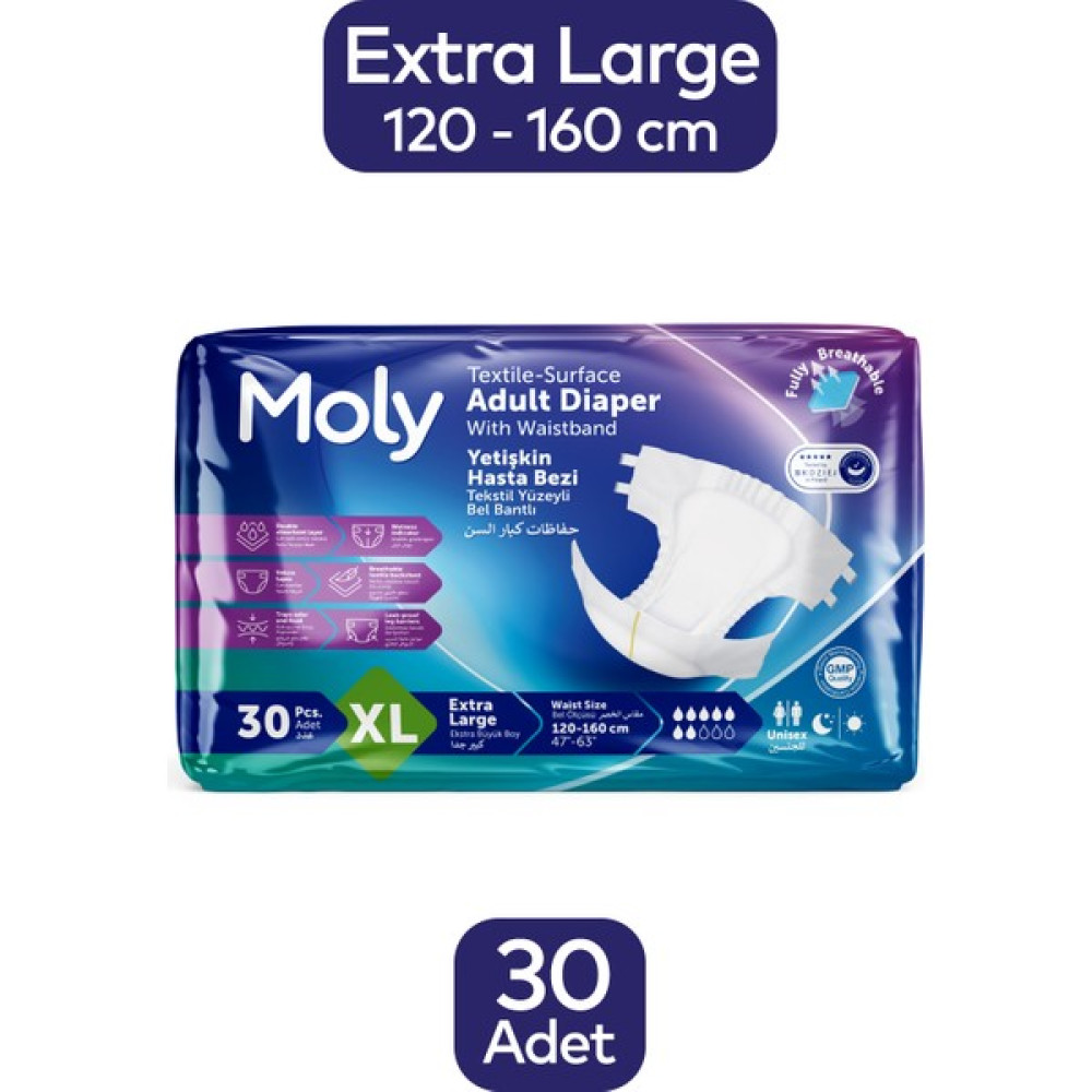 Moly Tekstil Yüzeyli Xlarge Ekstra Büyük Boy Belbantlı Hasta Bezi 30'lu Paket Hasta Bezleri ve Temizliği Fiyatı