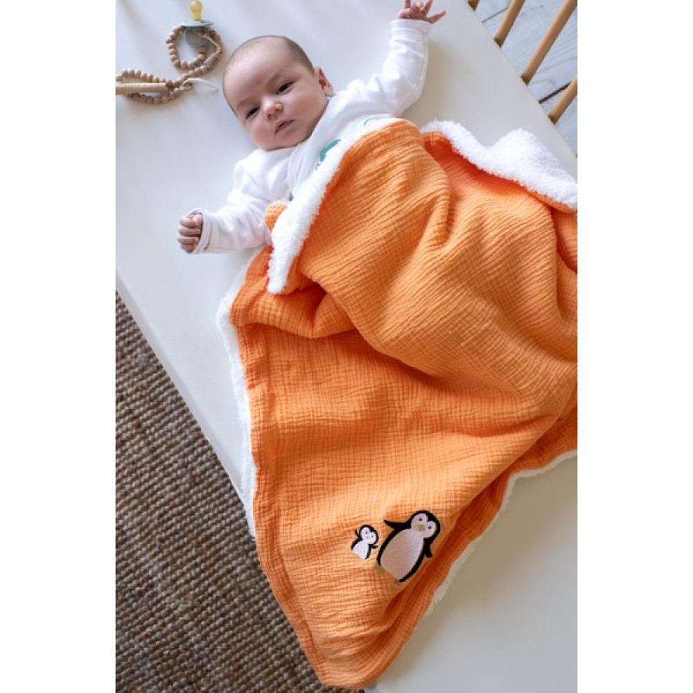 Mom Cherie Bebek&çocuk Battaniye 100X100CM Nakışlı Müslin Kuzu Tüyü Battaniye - Oranj Bebek Battaniyesi Fiyatı