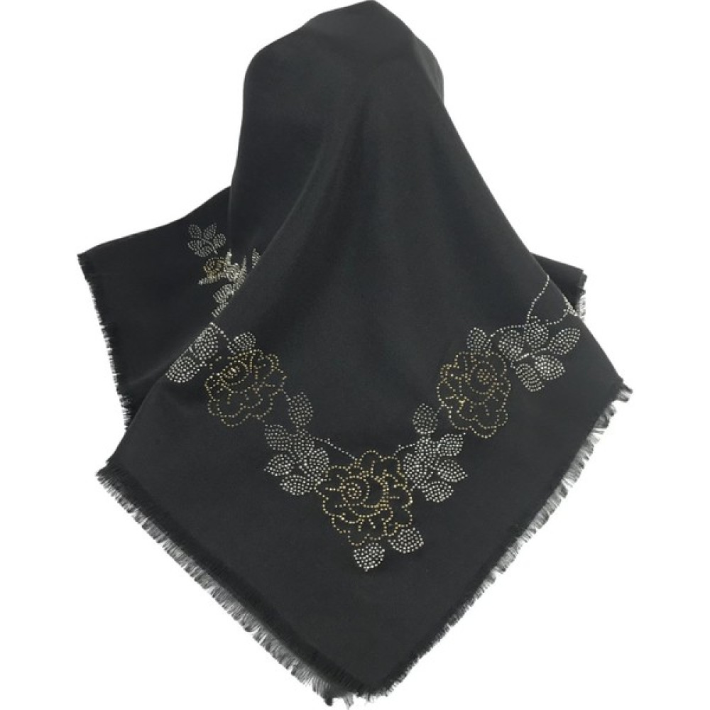Mom Collection Taşlı Lüx Eşarp Siyah Uzun Gül Desen Eşarp Fiyatı