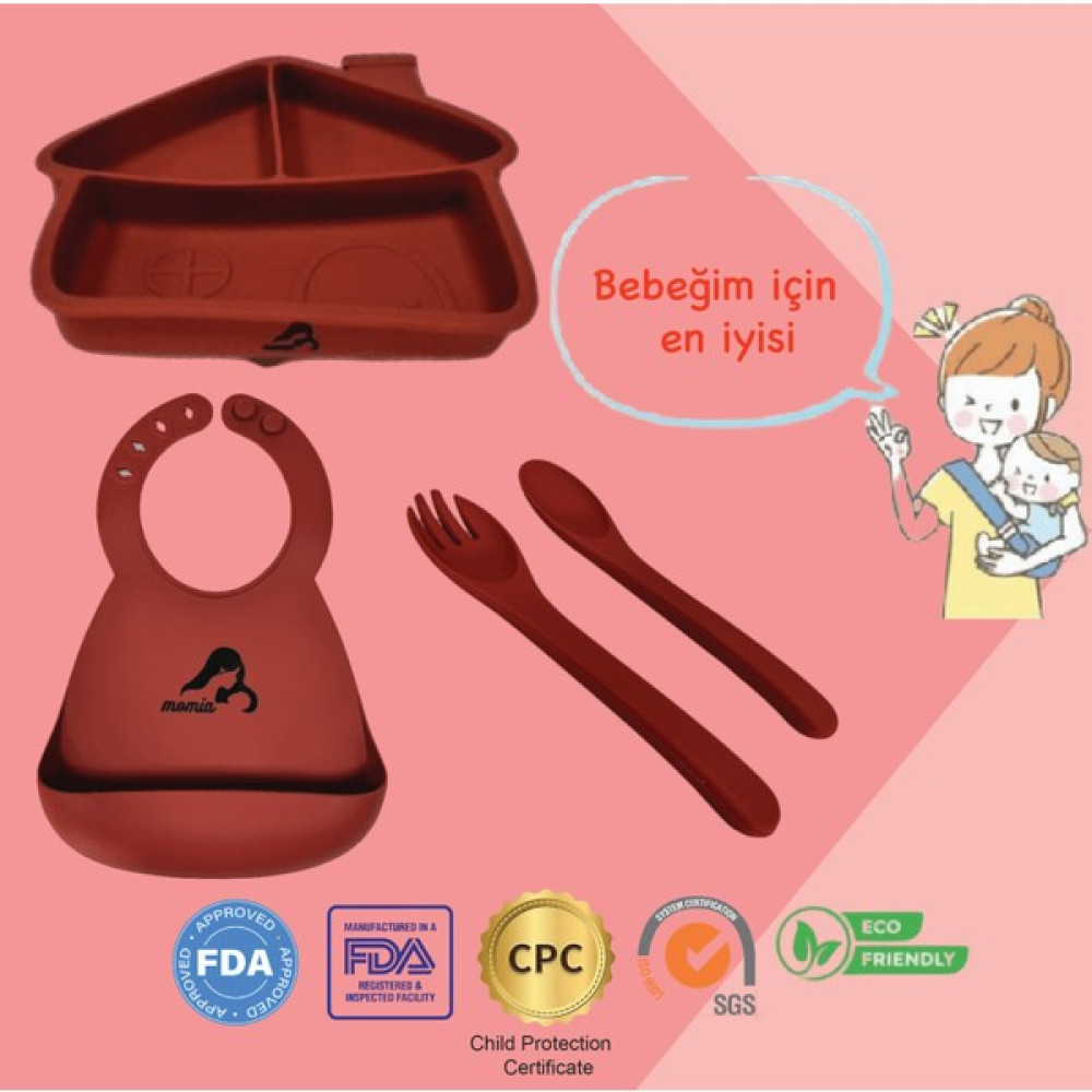 Momia Bebek "Momia Bebek Silikon Beslenme Mama Seti - Sağlıklı ve Renkli!" set 5 - bebek yemek tabağı , bebek mama önlüğü , bebek kaşık çatal - Gri Mama Seti Fiyatı
