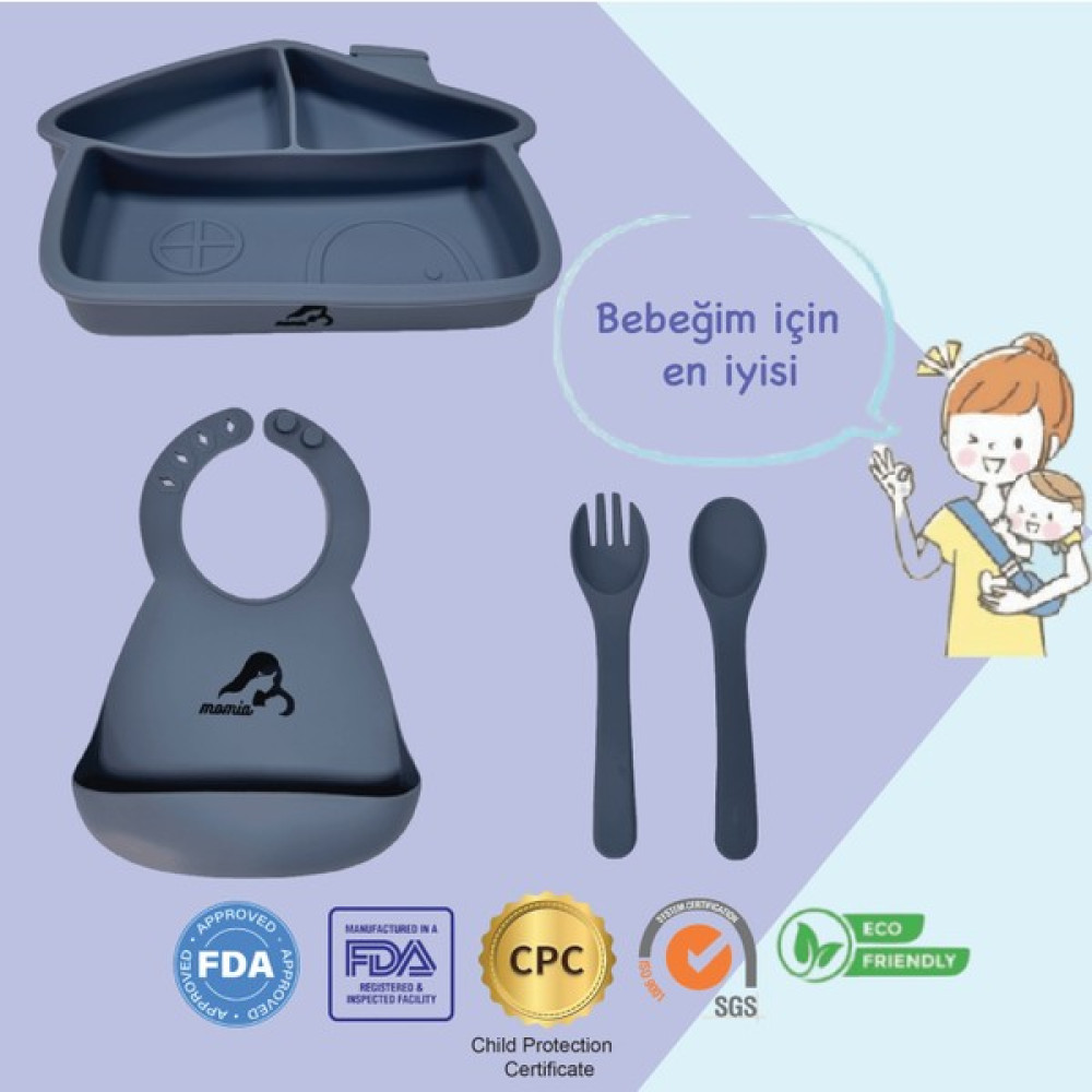Momia Bebek "Momia Bebek Silikon Beslenme Mama Seti - Sağlıklı ve Renkli!" set 5 - bebek yemek tabağı , bebek mama önlüğü , bebek kaşık çatal - Mavi Mama Seti Fiyatı