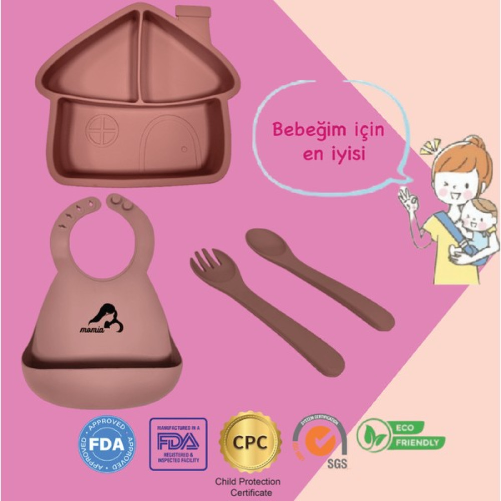 Momia Bebek "Momia Bebek Silikon Beslenme Mama Seti - Sağlıklı ve Renkli!" set 5 - bebek yemek tabağı , bebek mama önlüğü , bebek kaşık çatal - Pembe Mama Seti Fiyatı
