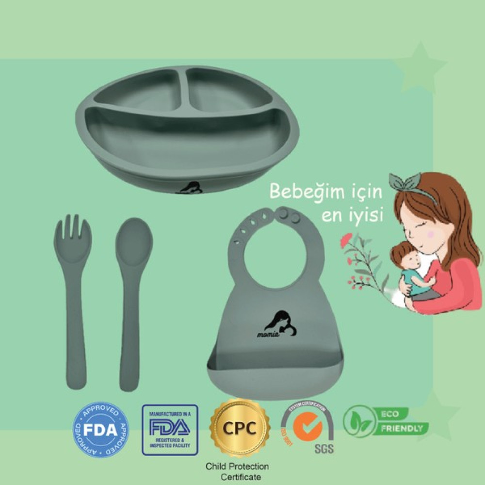 Momia Bebek "Momia Bebek Silikon Beslenme Mama Seti - Sağlıklı ve Renkli!" set 6 - bebek yemek tabağı , bebek mama önlüğü , bebek kaşık çatal - Yeşil Mama Seti Fiyatı