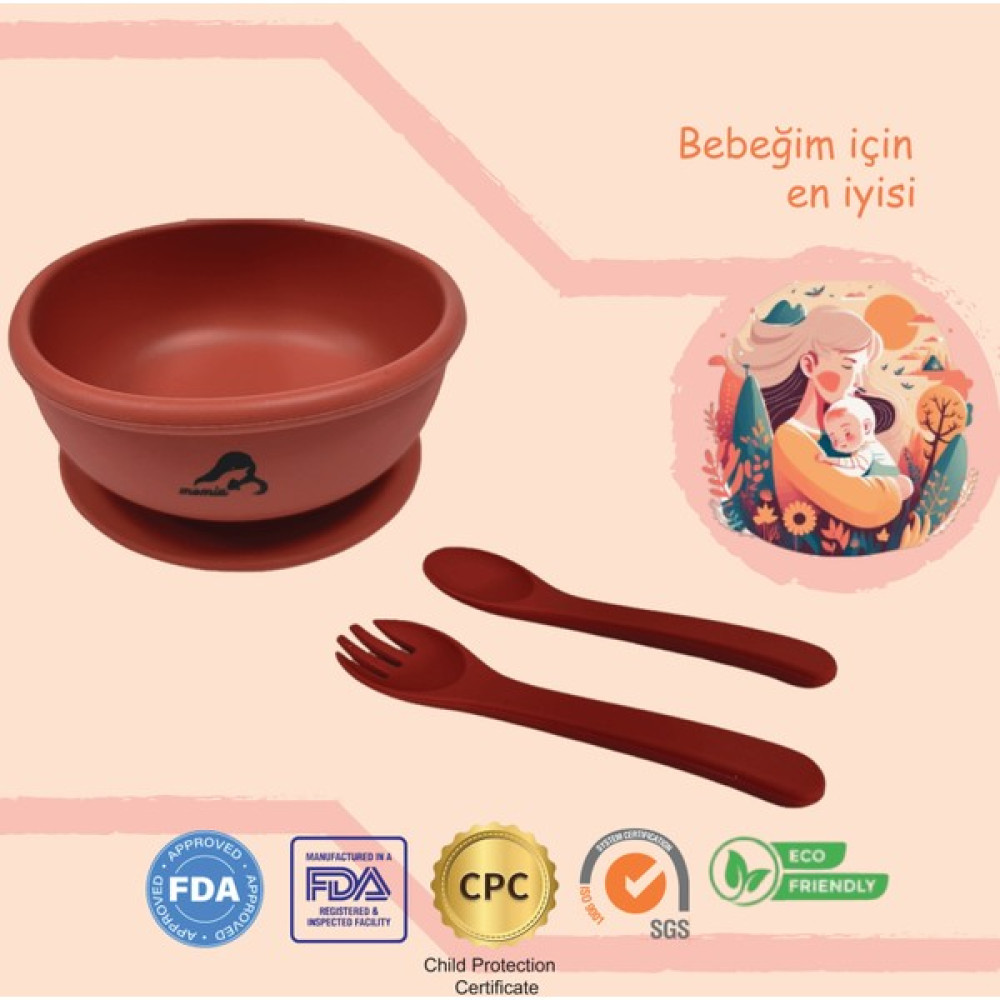 Momia Bebek "Momia Bebek Silikon Beslenme Mama Seti - Sağlıklı ve Renkli!" set 7 - mama kasesi , bebek kaşık çatal - Bordo Mama Seti Fiyatı