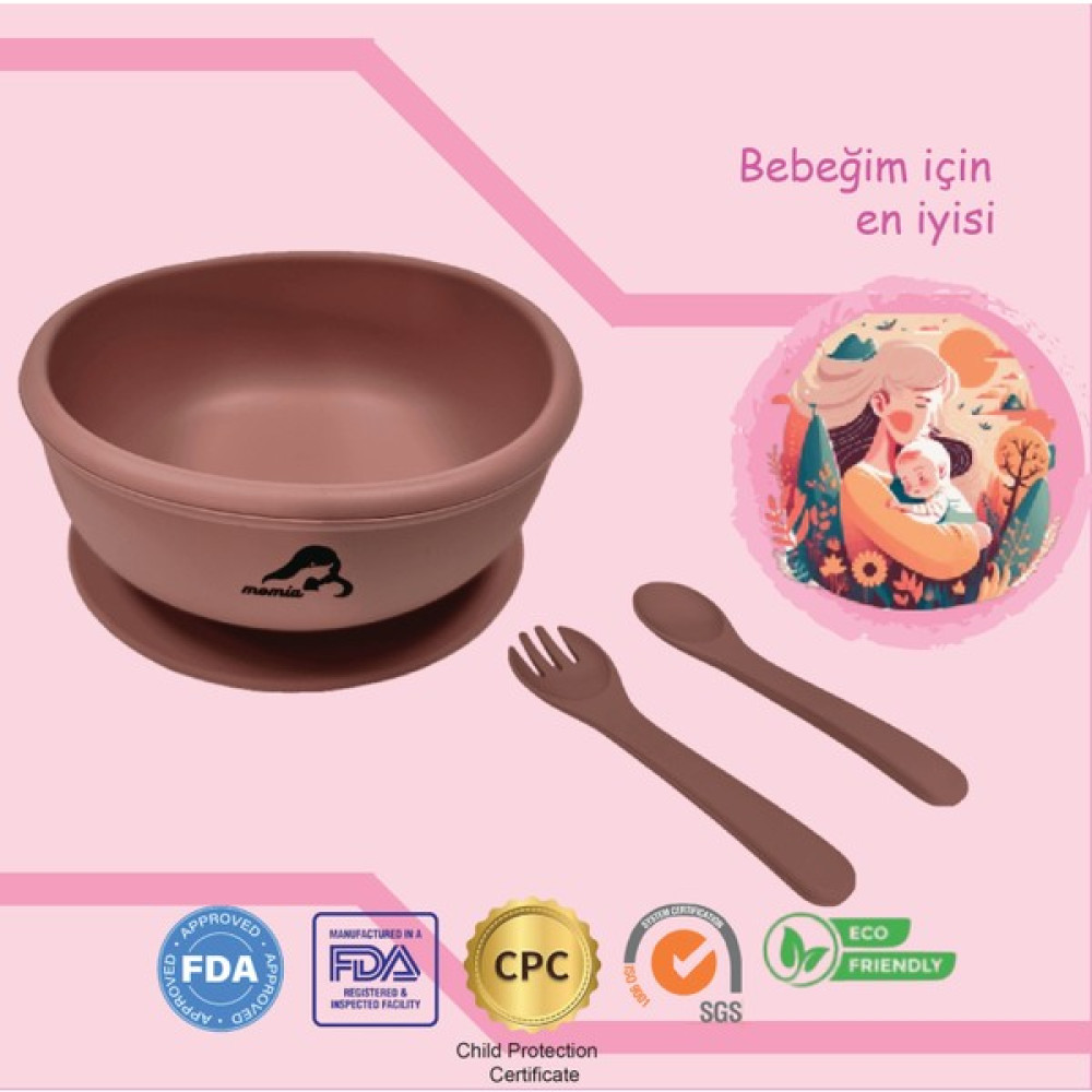 Momia Bebek "Momia Bebek Silikon Beslenme Mama Seti - Sağlıklı ve Renkli!" set 7 - mama kasesi , bebek kaşık çatal - Pembe Mama Seti Fiyatı