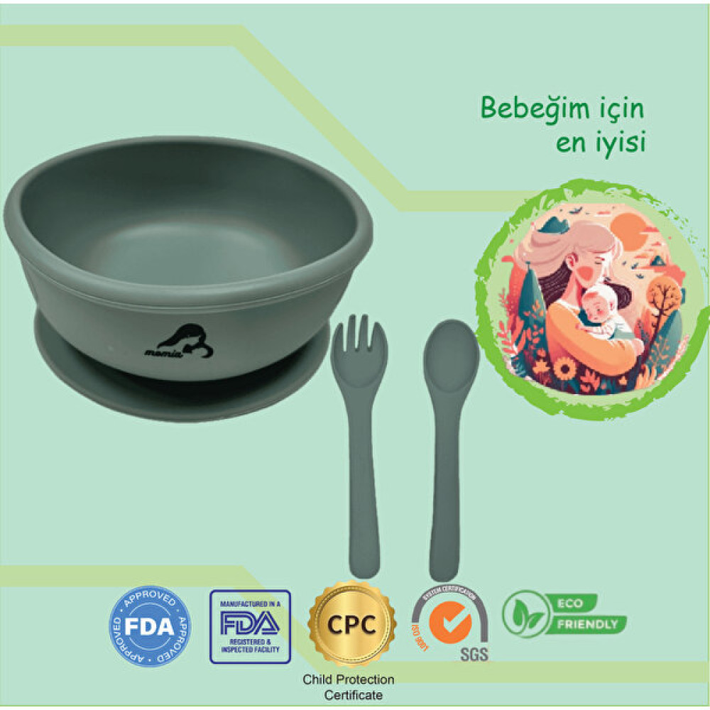 Momia Bebek "Momia Bebek Silikon Beslenme Mama Seti - Sağlıklı ve Renkli!" set 7 - mama kasesi , bebek kaşık çatal - Yeşil Mama Seti Fiyatı