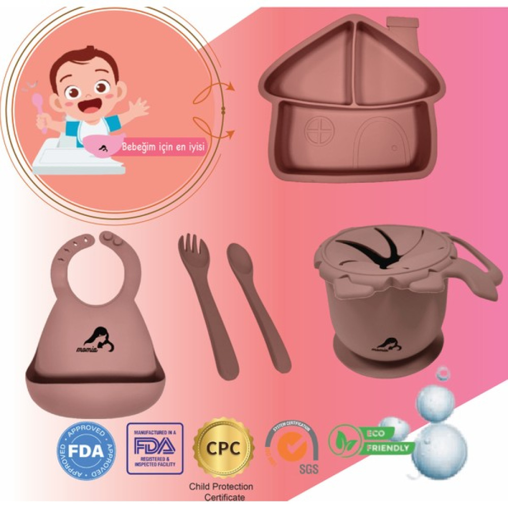 "Momia Bebek Silikon Beslenme Mama Seti - Sağlıklı ve Renkli!" set 3 - bebek yemek tabağı , bebek mama önlüğü , bebek atıştırmalık kap , bebek kaşı... Mama Seti Fiyatı