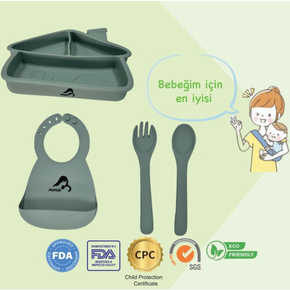 "Momia Bebek Silikon Beslenme Mama Seti - Sağlıklı ve Renkli!" set 5 - bebek mama tabağı , bebek mama önlüğü , bebek kaşık çatal - Yeşil Mama Seti Fiyatı