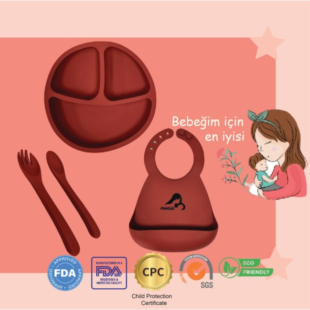 "Momia Bebek Silikon Beslenme Mama Seti - Sağlıklı ve Renkli!" set 6 - bebek mama tabağı , bebek mama önlüğü , bebek kaşık çatal - Kırmızı Mama Seti Fiyatı