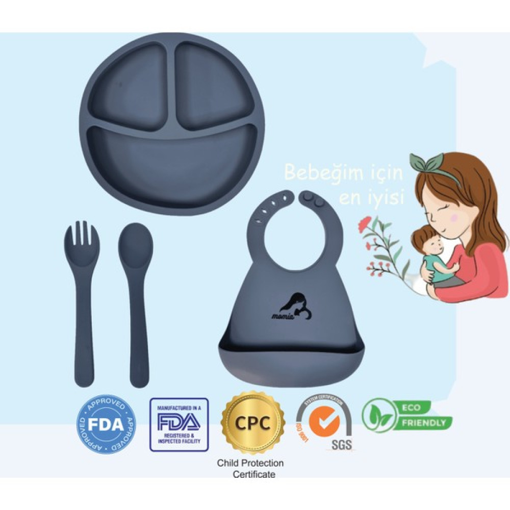 "Momia Bebek Silikon Beslenme Mama Seti - Sağlıklı ve Renkli!" set 6 - bebek mama tabağı , bebek mama önlüğü , bebek kaşık çatal - Mavi Mama Seti Fiyatı