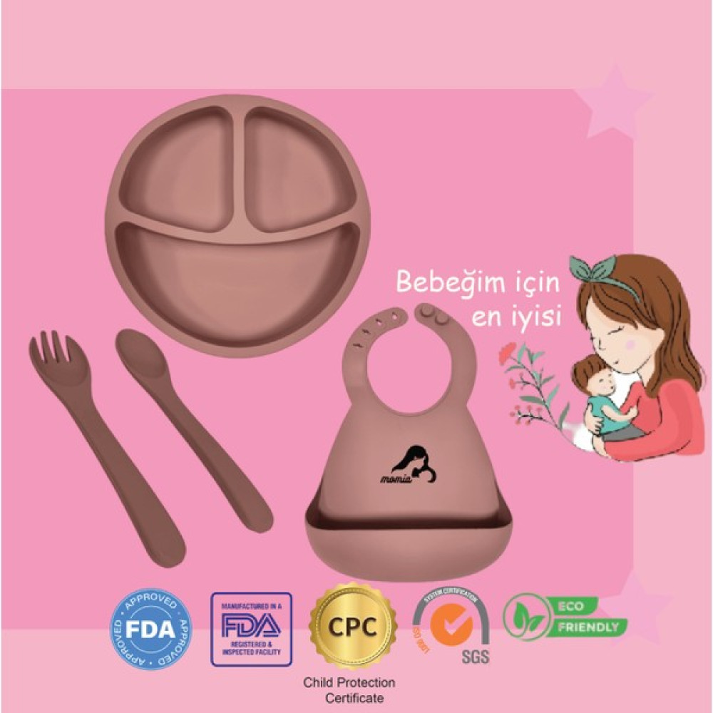 "Momia Bebek Silikon Beslenme Mama Seti - Sağlıklı ve Renkli!" set 6 - bebek mama tabağı , bebek mama önlüğü , bebek kaşık çatal - Pembe Mama Seti Fiyatı