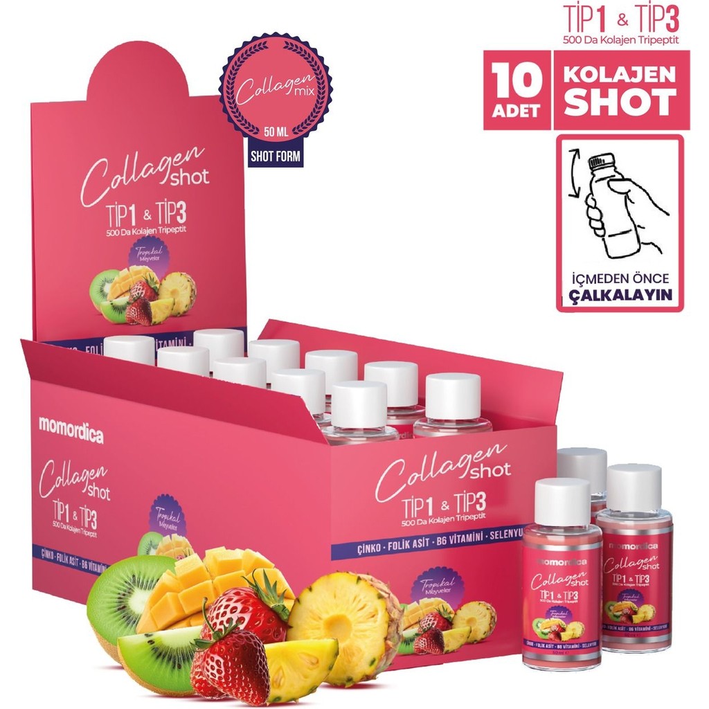 Momordica Kolajen Shot (Tripeptit 500 Da Tip 1 & Tip 3, Selenyum, Çinko, Folik Asit, B6 Vitamini) - 10 Adet Diğer Fiyatı