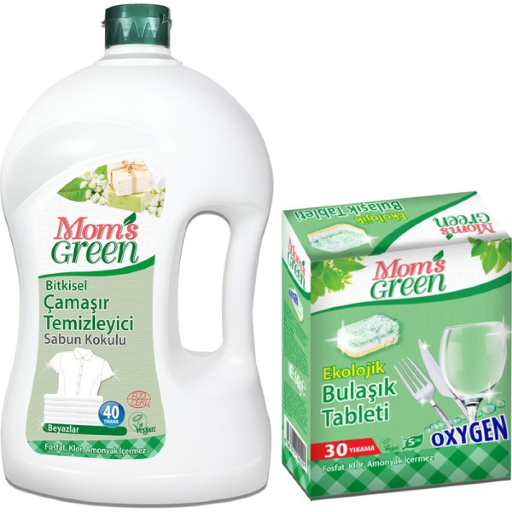 Mom's Green 2'li Set Bitkisel Çamaşır Deterjanı Sabun Kokulu- Eco 40 Yk ve Ekolojik Bulaşık Tableti - 1,5 lt Çamaşır Deterjanı Fiyatı