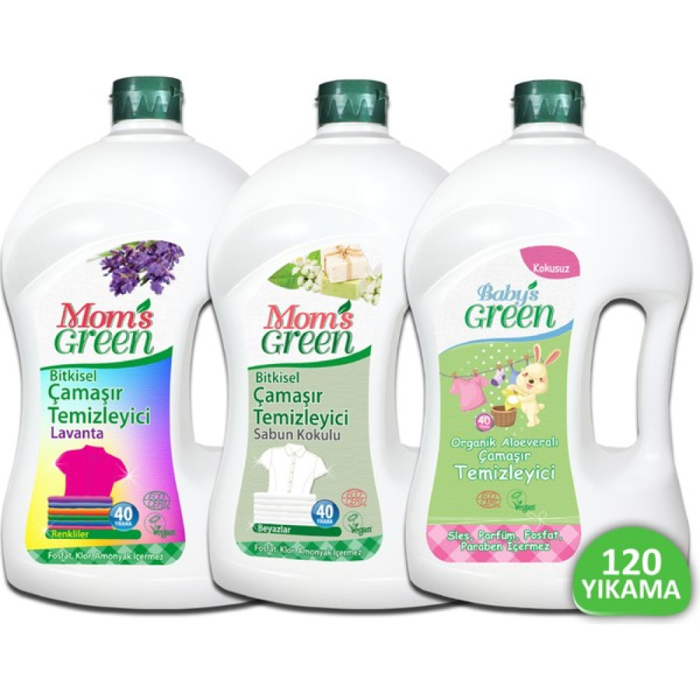 Mom's Green 3'lü Set Bitkisel Çamaşır Temizleyici Renkliler - Bebek Çamaşır Temizleyici- Sabun Kokulu Çamaşır Temizleyici 3*1500ml // 120 Yıkama Çamaşır Deterjanı Fiyatı
