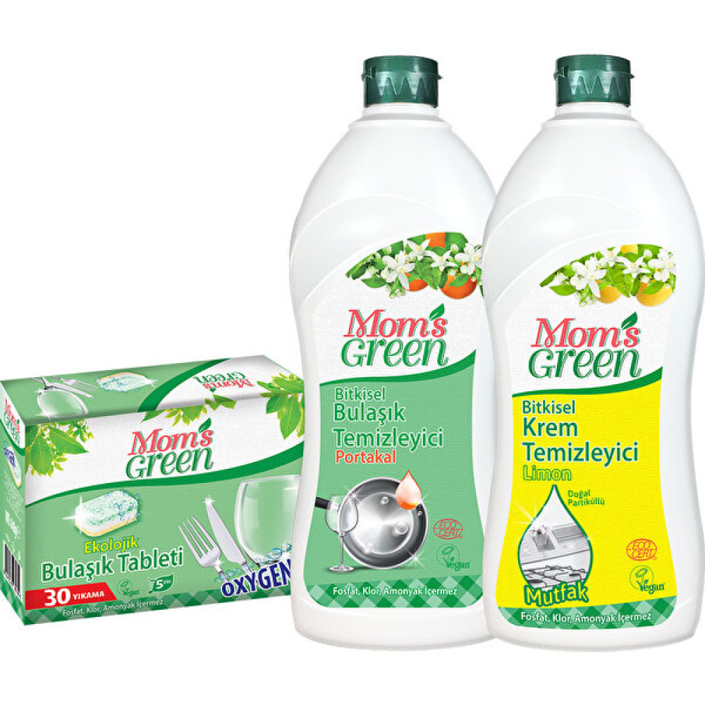 Mom's Green 3'lü Set Ekolojik Bulaşık Tableti 30 Yıkama - Bitkisel Elde Bulaşık Deterjanı Portakal - Bitkisel Mutfak Krem Temizleyici Limon Bulaşık Yıkama Fiyatı
