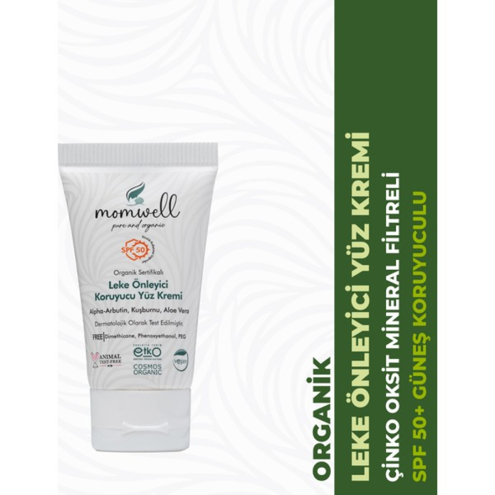 Momwell Organik Leke Önleyici Spf 50+ Güneş Koruyuculu Yüz Kremi 50ML - 50 ml Leke Kremi Fiyatı