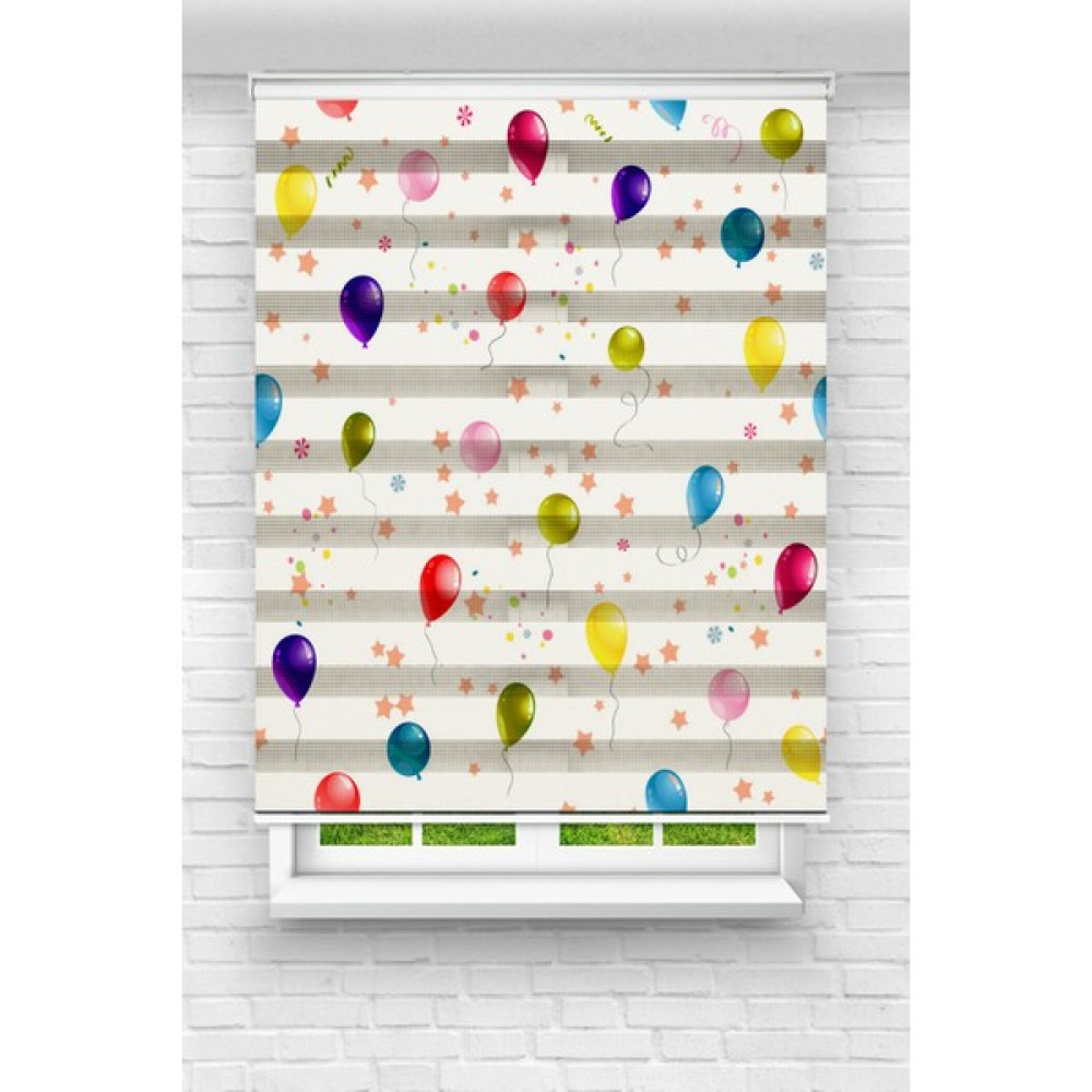 MONAROZA Çocuk Odası - Renkli Uçan Balonlar ve Yıldızlar Basklı Zebra Perde - 30 x 30 cm Perde Fiyatı