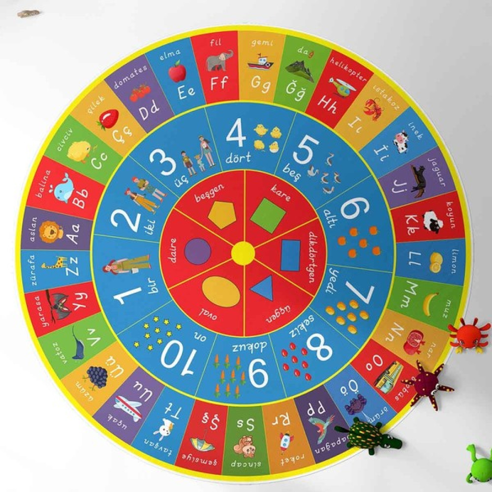 Monnhein Çocuklar Için Eğitici Yuvarlak Oyun Halısı, Harf Sayılar ve Şekilleri Öğrenmek Için Oyun Alanı - 100 x 100 cm - Renkli Bebek Odası Halı Fiyatı