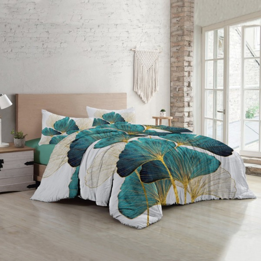 Monohome Luxury Leaves Luxury Çift Kişilik Pamuk Saten Nevresim Takımı - Petrol - 200 x 220 cm Nevresim Takımı Fiyatı