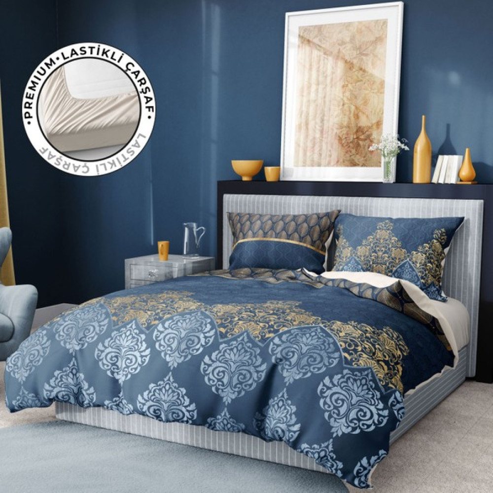 Monohome Premium Luxury Çift Kişilik Nevresim Takımı 3D Pamuk Saten Blue Damask - 200 x 220 cm - Renkli Nevresim Takımı Fiyatı