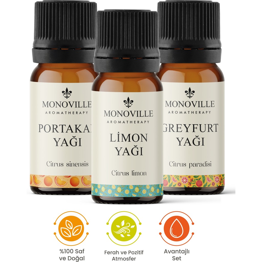 Monoville Limon Yağı 10 ml, Portakal Yağı 10 ml, Greyfurt Yağı 10 ml 3'lü Set %100 Saf Ve Doğal 3x10 ml Nemlendiriciler Fiyatı