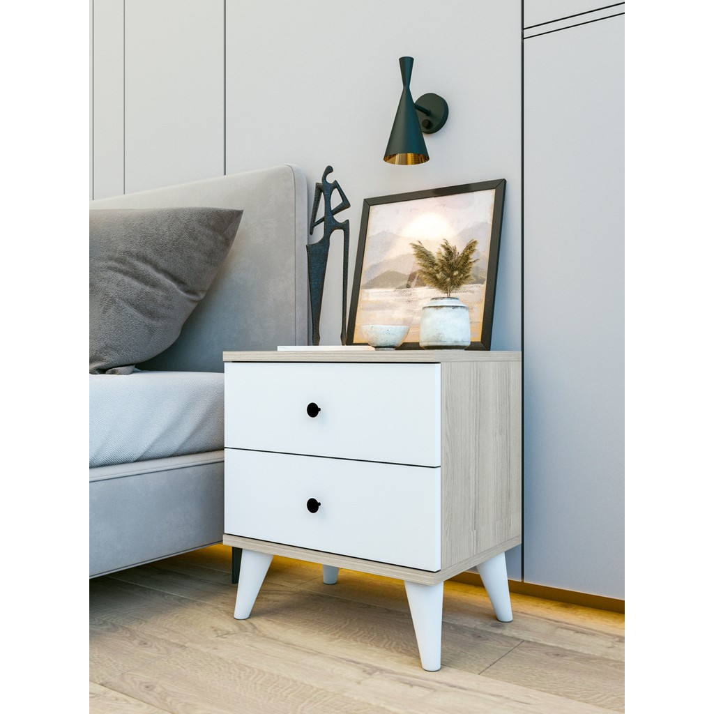Montenero Cordoba Komodin 2 Çekmeceli Country Rustik Ahşap Aksanlı Yatak Odası 45x50 Cm - Ahşap - Beyaz Diğer Fiyatı