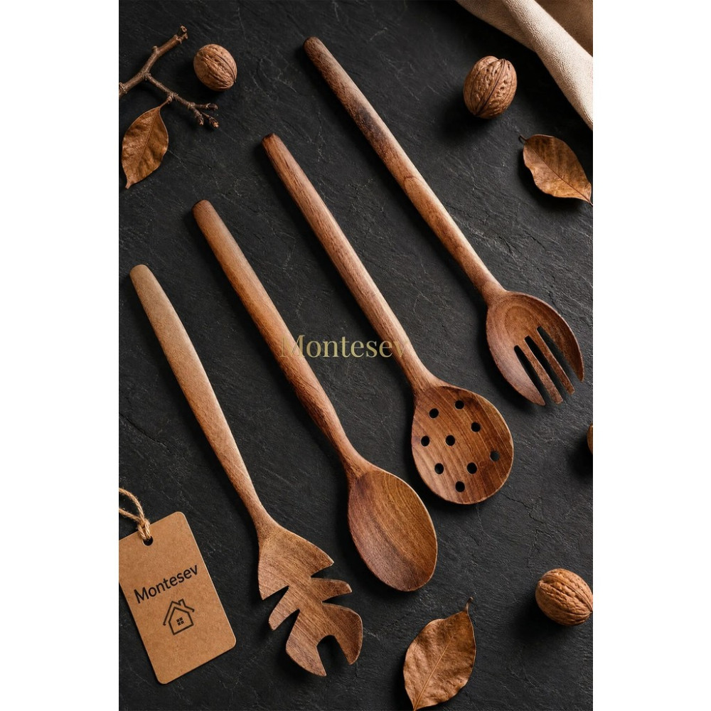 Montesev Doğal Ceviz Ağacı Ahşap Tahta Kaşık Spatula Kevgir Çatal Seti Ağaç Kaşık (4 lü Set) Çatal / Kaşık / Bıçak Takımları Fiyatı