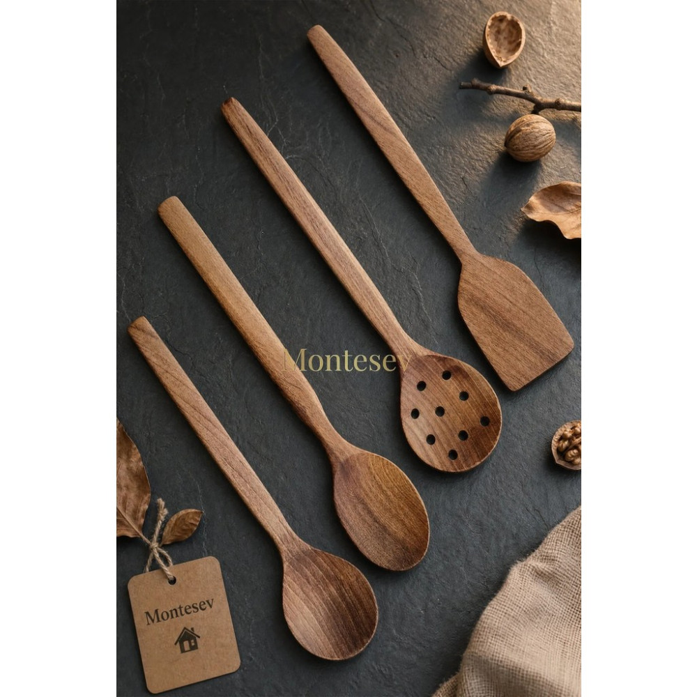 Montesev Doğal Ceviz Ağacı Ahşap Tahta Kaşık Spatula Kevgir Çatal Seti Ağaç Kaşık (4 lü Set) Çatal / Kaşık / Bıçak Takımları Fiyatı