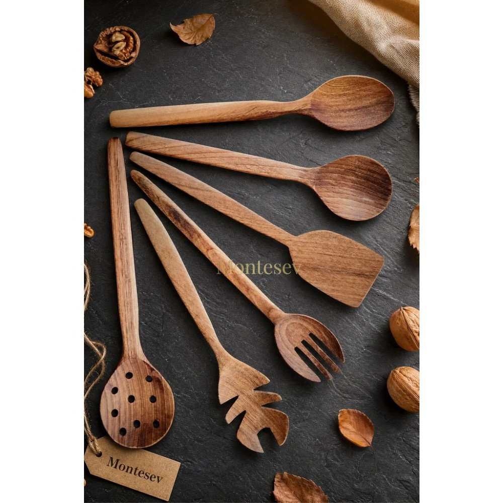 Montesev Doğal Ceviz Ağacı Ahşap Tahta Kaşık Spatula Kevgir Çatal Seti Ağaç Kaşık (6 lı Set) Cvz-236 Çatal / Kaşık / Bıçak Takımları Fiyatı