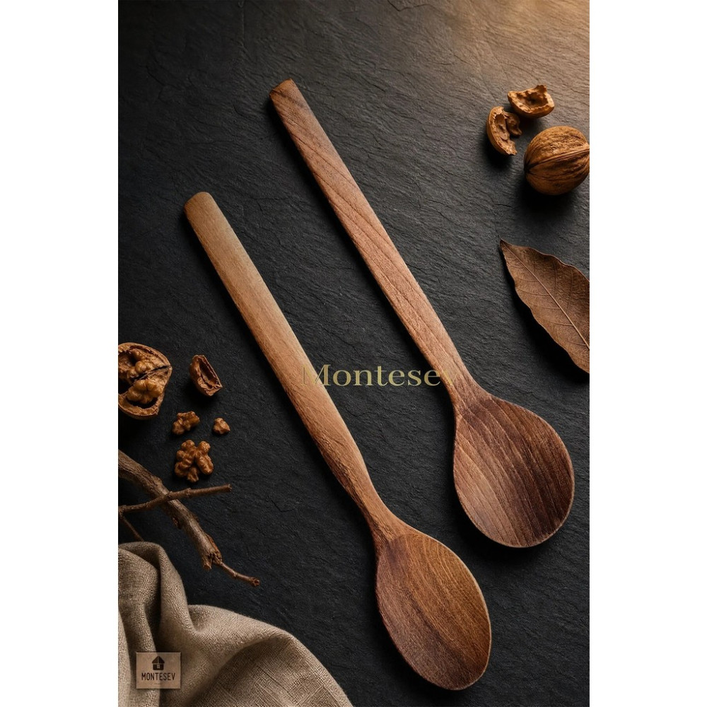 Montesev Doğal Ceviz Ağacı Ahşap Tahta Kaşık Spatula Seti Ağaç Kaşık (2li Set) Çatal / Kaşık / Bıçak Takımları Fiyatı
