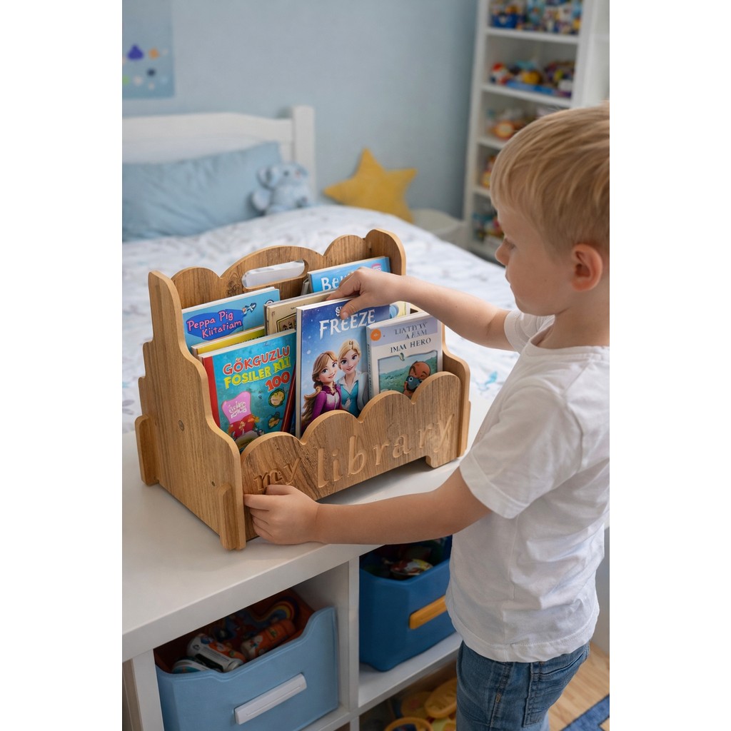 Montessori Ahşap Çocuk Kitaplık Kahverengi Eğitici ve Dekoratif Tasarım My Library Kitaplık Fiyatı