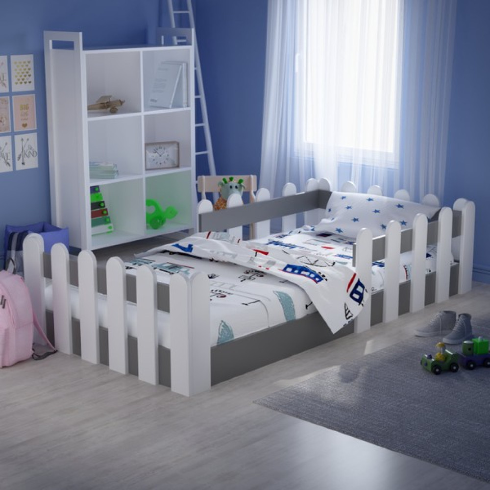 Montessori Karyola Beyaz-Antrasit 90X190 Yatak Uyumlu Oval Kesim Çocuk Yatağı TLP-305 - 90 x 190 cm - Antrasit - Beyaz Karyola Fiyatı