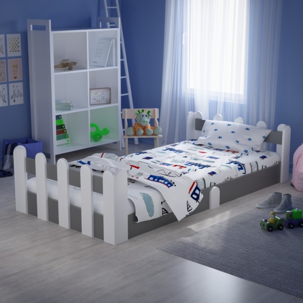 Montessori Karyola Beyaz-Antrasit 90X190 Yatak Uyumlu Oval Kesim Çocuk Yatağı TLP-312 - 90 x 190 cm - Antrasit - Beyaz Karyola Fiyatı