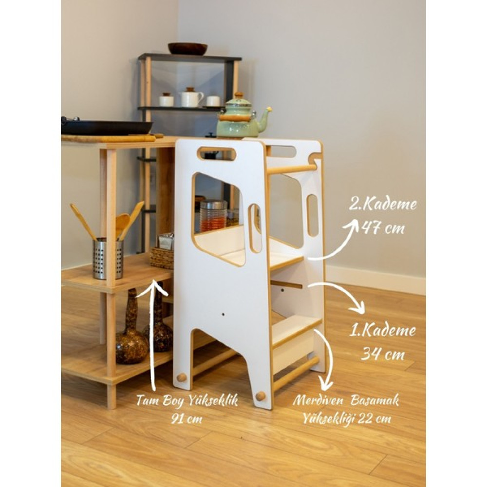 Montessori Yükseklik Ayarlı Öğrenme Kulesi-Beyaz - Beyaz Bebek Oyuncakları Fiyatı