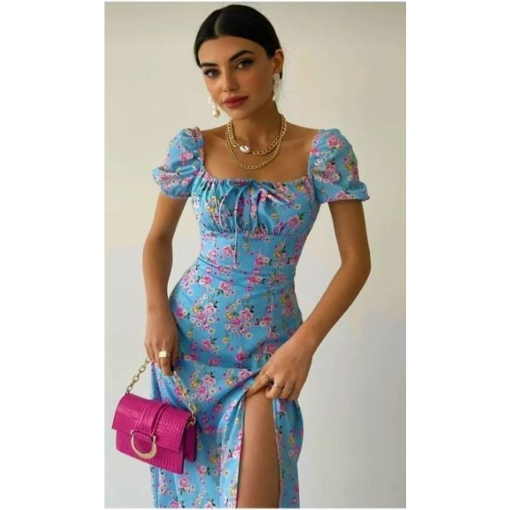 MOODMODA Mavi Çiçek Desenli Yirtmaçli Midi Boy Elbise Naylon Kumaş XL Beden Elbise Fiyatı