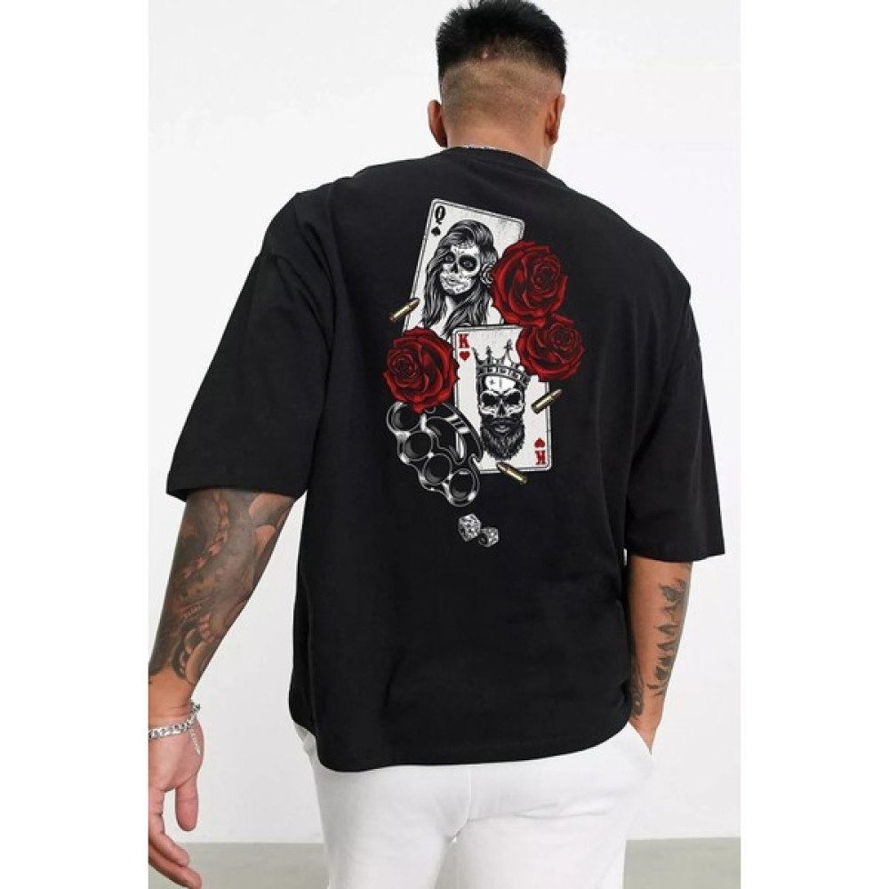 Moon Life Erkek King & Queen Gül ve Kart Baskılı Siyah Oversize T-Shirt Erkek T-shirt Fiyatı