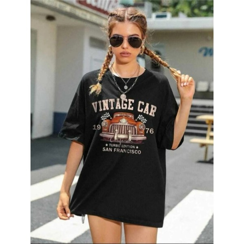 Moon Life Unisex Oversize Vintage Car Baskılı Siyah T-Shirt Erkek T-shirt Fiyatı