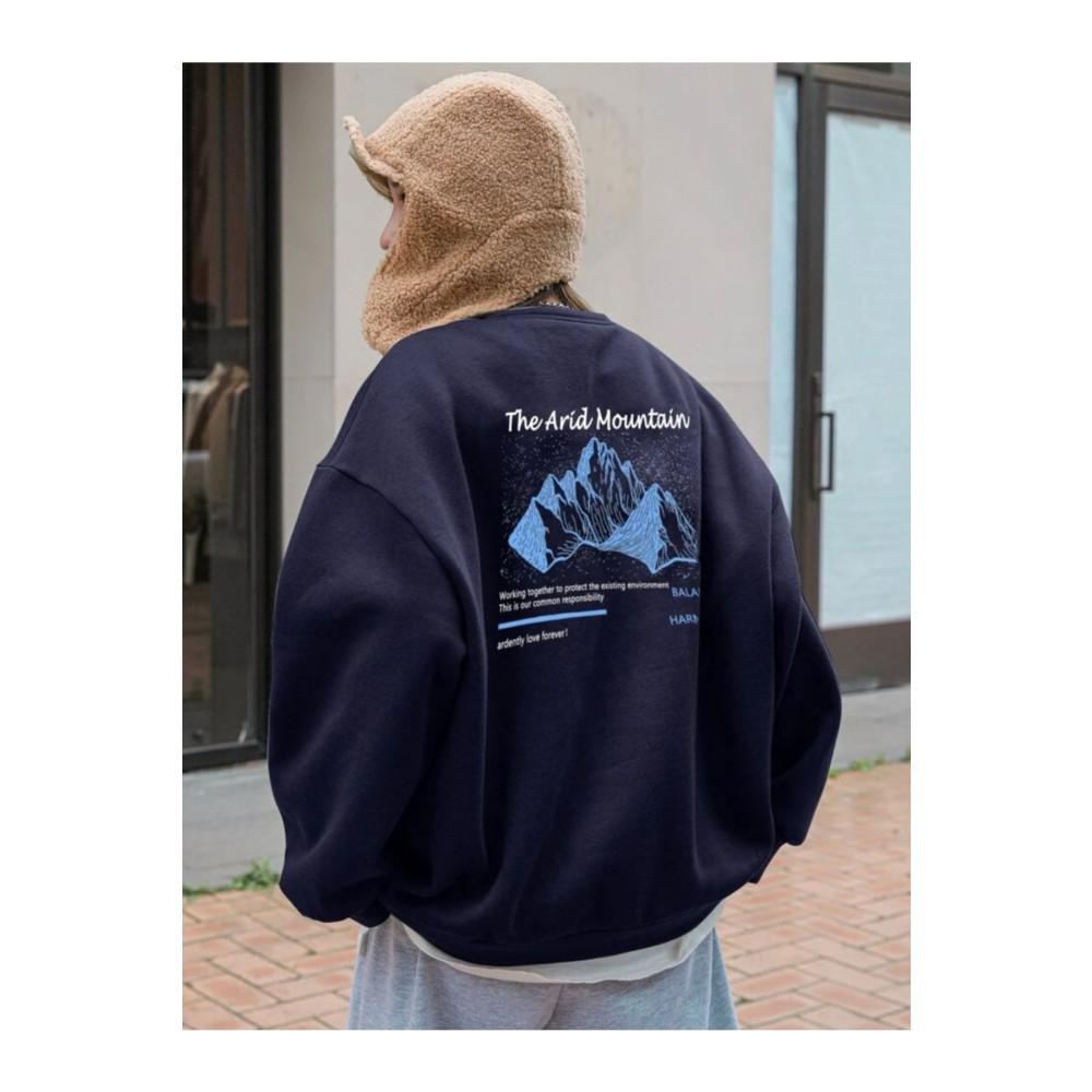 MOONBULL Arid Mountain Baskılı Lacivert Oversize Sweatshirt S Beden Bayan Sweatshirt Fiyatı
