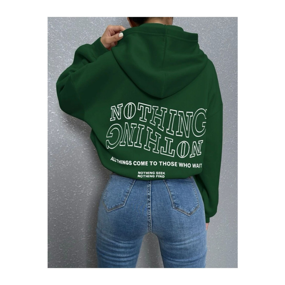 MOONBULL Nothing Baskılı Yeşil Kapüşonlu Oversize Sweatshirt L Beden Bayan Sweatshirt Fiyatı