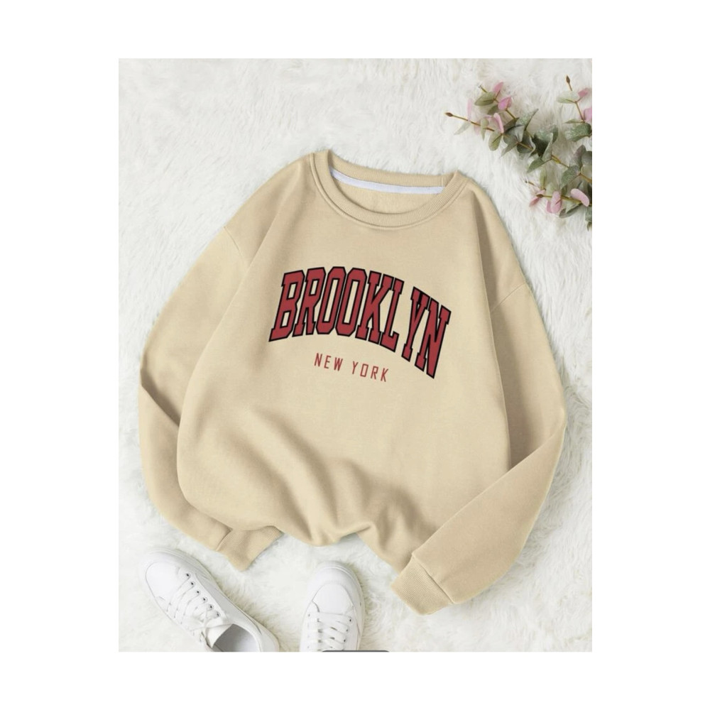 MOONBULL Ünisex Bej Bronklyn Baskılı Oversize Sweatshirt M Beden Bayan Sweatshirt Fiyatı