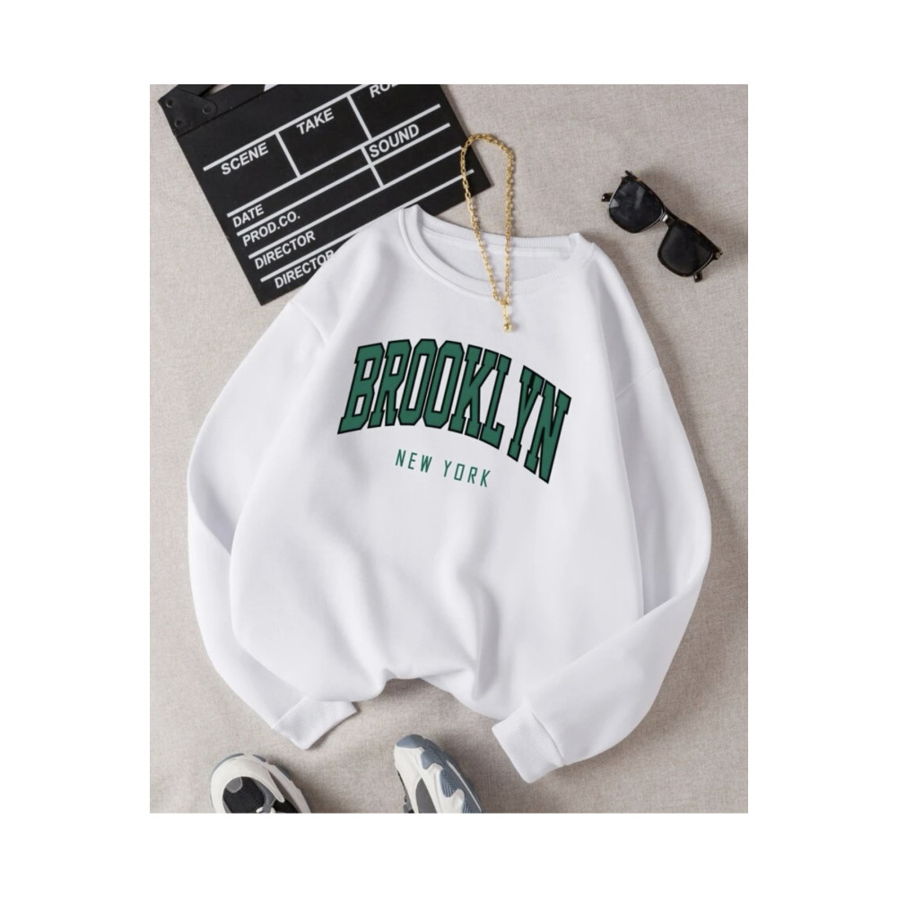 MOONBULL Ünisex Beyaz Bronklyn Baskılı Oversize Sweatshirt S Beden Bayan Sweatshirt Fiyatı