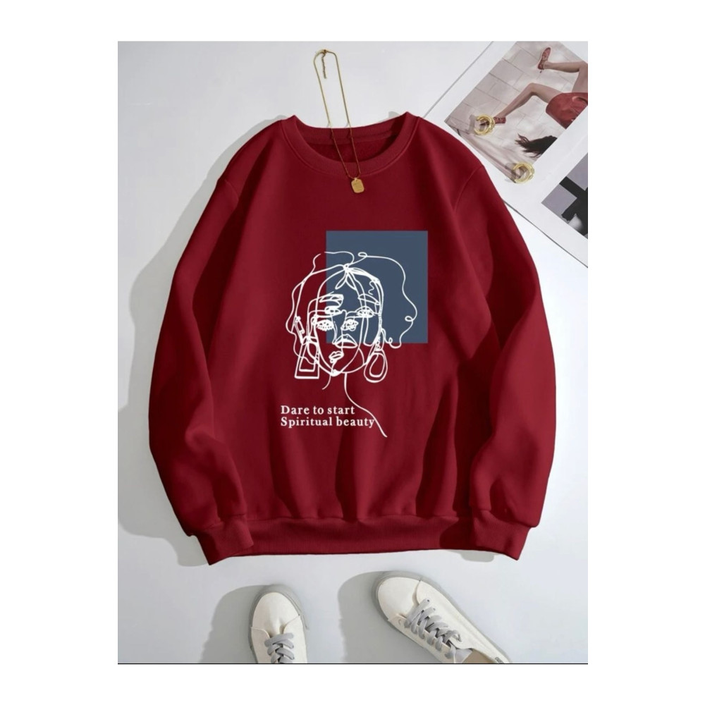 MOONBULL Unisex Bordo Beauty Baskılı Bisiklet Yaka Sweathsirt M Beden Bayan Sweatshirt Fiyatı
