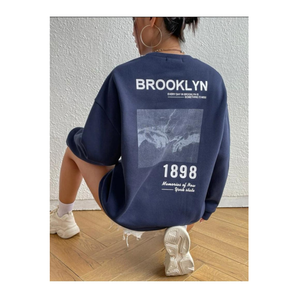 MOONBULL Unisex Bronklyn 1898 Baskılı Lacivert Bisiklet Yaka Oversize Sweatshirt S Beden Bayan Sweatshirt Fiyatı