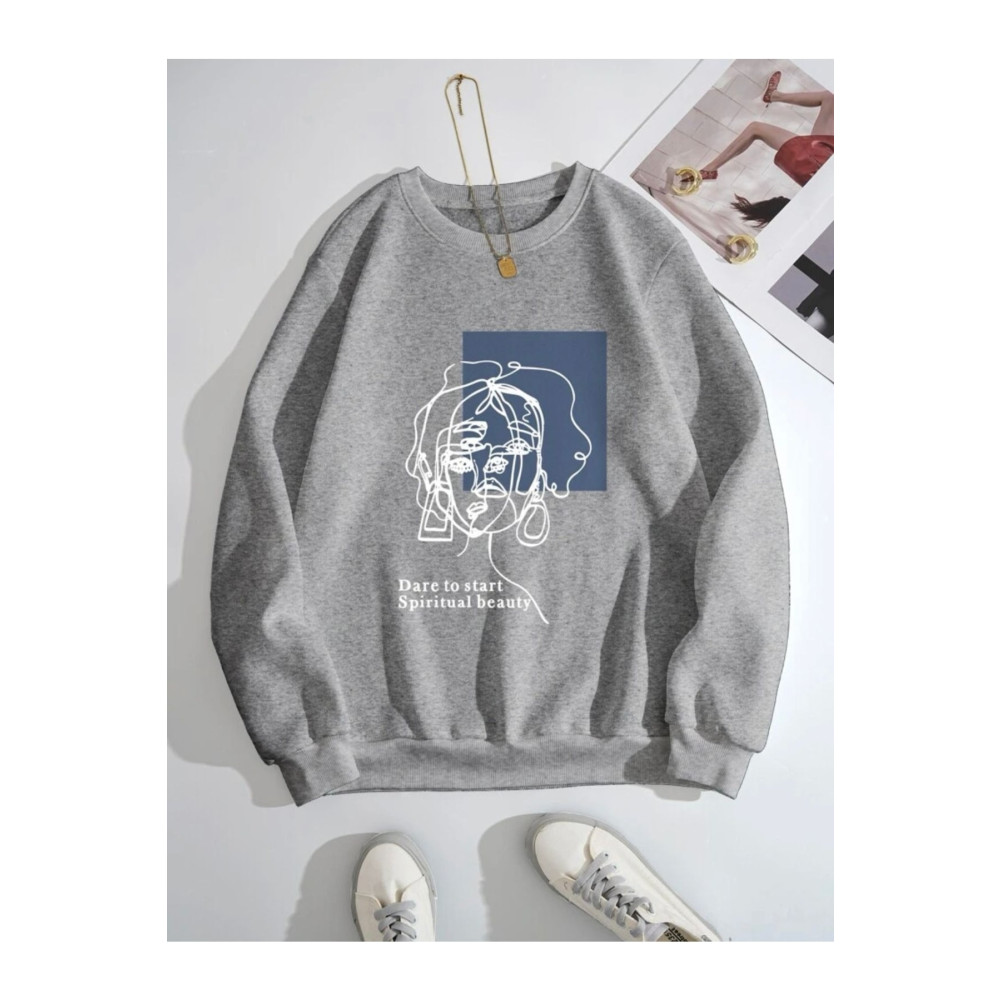 MOONBULL Unisex Gri Beauty Baskılı Bisiklet Yaka Sweathsirt M Beden Bayan Sweatshirt Fiyatı