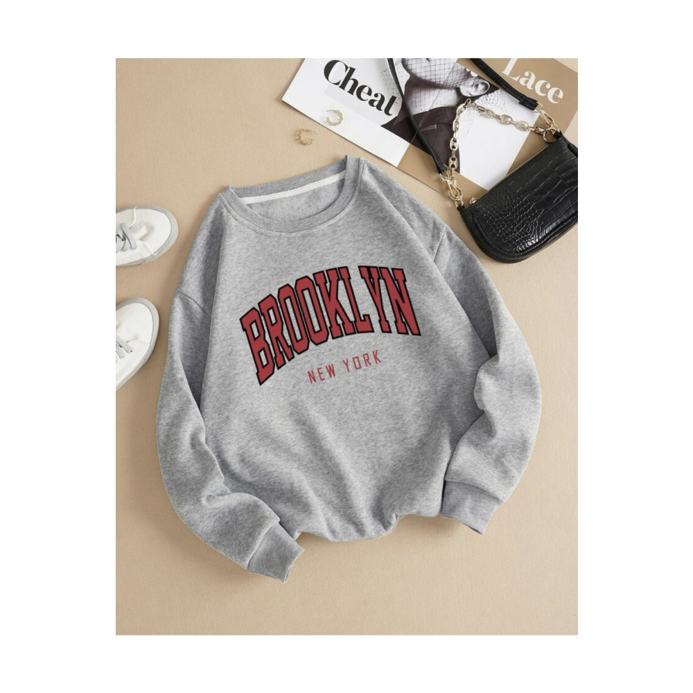 MOONBULL Ünisex Gri Bronklyn Baskılı Oversize Sweatshirt S Beden Bayan Sweatshirt Fiyatı