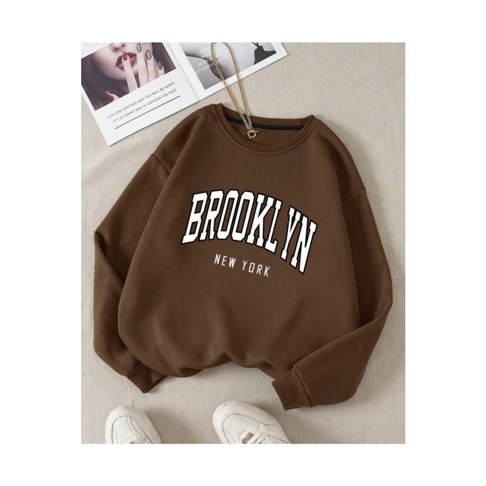MOONBULL Ünisex Kahverengi Bronklyn Baskılı Oversize Sweatshirt XL Beden Bayan Sweatshirt Fiyatı