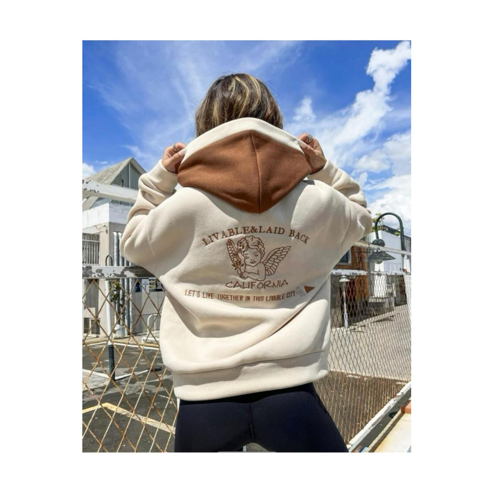 MOONBULL Unisex Oversize Bej Livable California Sırt Baskılı Kahverengi Kapüşonlu Sweatshirt XL Beden Bayan Sweatshirt Fiyatı