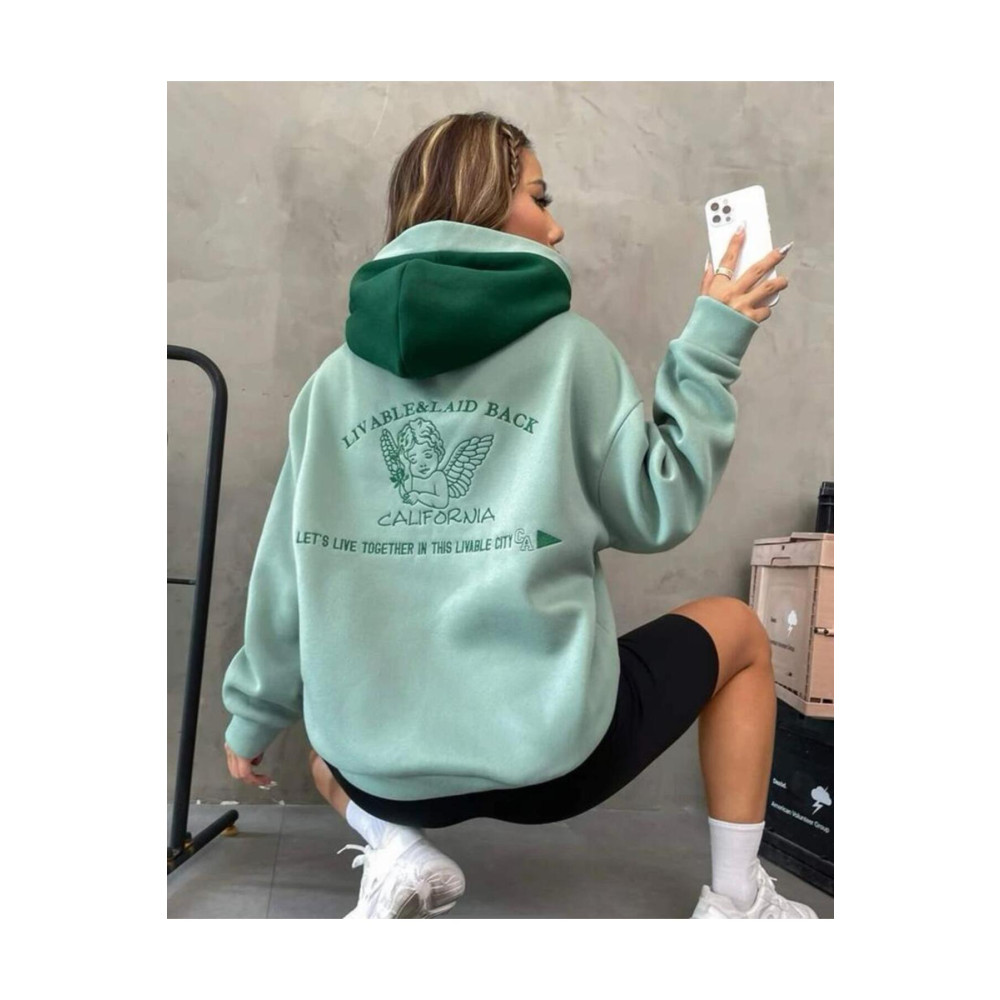 MOONBULL Unisex Oversize Mint Yeşili Livable California Sırt Baskılı Yeşil Kapüşonlu Sweatshirt M Beden Bayan Sweatshirt Fiyatı