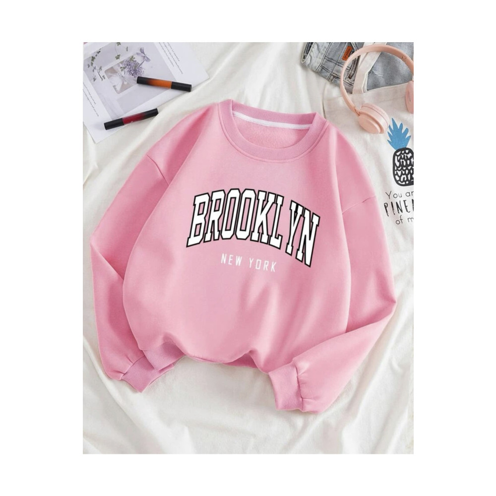 MOONBULL Ünisex Pembe Bronklyn Baskılı Oversize Sweatshirt S Beden Bayan Sweatshirt Fiyatı